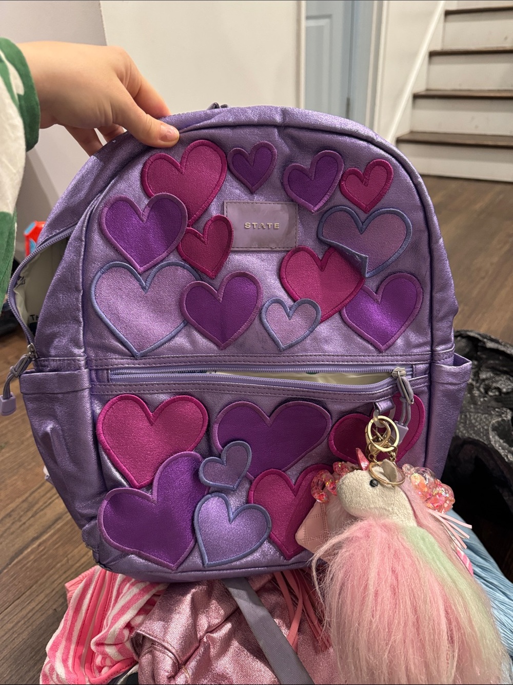 STATE Kids Lavender Backpack with Pink and Magenta Heart Patches